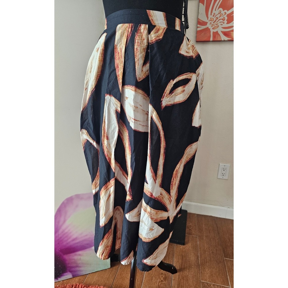 DKNY Black Multi Abstract Art Print Pleated Midi A-Line Skirt‎ Women's Size M